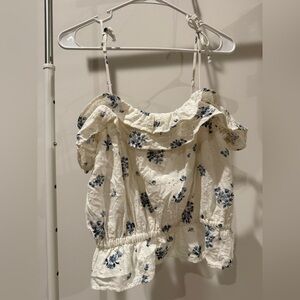 American Eagle Outfitters White and Blue Floral Crop Top